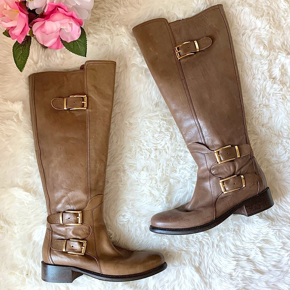 Italian Napoleoni Tall Leather Chocolate Brown Heeled Boots Gold Buckles 38 US 8